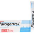 Un tube et une boîte de dentifrice Parogencyl sont présentés. L'emballage est principalement blanc avec des accents bleus et des détails rouges. La boîte indique qu'il s'agit d'une offre spéciale de 2 tubes de 75 ml chacun et souligne que le dentifrice est destiné à la prévention gencives.