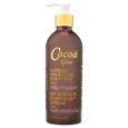 Une bouteille brune de lait de beauté éclaircissant Cocoa Glow Supreme avec une pompe blanche. L'étiquette comprend un texte en anglais et en français, précisant qu'il contient du beurre de cacao et de l'extrait de graines de tamarin. La bouteille mesure 16,8 fl oz (500 ml).