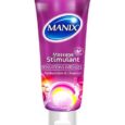 Un tube violet de gel Manix Massage Stimulant. Le devant du tube comprend les textes « Sensations Intenses » et « Hydratation & Douceur » avec un motif circulaire rose et des bulles près du bas. Le tube a un capuchon blanc.