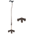 Une canne quadruple métallique avec une poignée ergonomique noire et une base à quatre branches conçue pour la stabilité. La fonction de hauteur réglable est visible et la canne est dotée d'embouts en caoutchouc sur chaque broche pour éviter de glisser. La base de la canne est présentée séparément pour plus de détails.