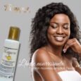 Image d'une publicité pour un produit Mayana Cosmetics mettant en vedette une femme souriante aux cheveux longs et ondulés regardant une bouteille d'« Huile Nourrissante ». Le texte se lit comme suit : « mon nouveau produit favori », ce qui se traduit par « mon nouveau produit préféré » en français.