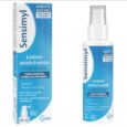 L'image montre une bouteille bleue et blanche de lotion Sensimyl sur fond blanc. Elle est labellisée « Lotion Asséchante » et indique qu'elle est destinée aux peaux sensibles, irritées et suintantes du visage et du corps. Le flacon est doté d'un embout pulvérisateur et contient 100 ml de produit.