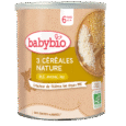Image d'une boîte cylindrique de Babybio 3 Céréales Nature (Natural 3 Céréales) pour les nourrissons âgés de 6 mois et plus. La canette contient un bol de céréales mélangées comprenant du blé, de l'avoine et du riz, et elle est étiquetée comme biologique et de fabrication française, sans sucres ajoutés.