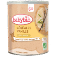 Un contenant cylindrique de céréales aromatisées à la vanille et au quinoa de marque Babybio pour les nourrissons âgés de 6 mois et plus. Le contenant présente une image de gousses de vanille, de quinoa et d'étiquettes de certification vertes. Le texte est en français, précisant qu'il est fabriqué en France.