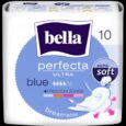 Image d'un paquet de serviettes hygiéniques Bella Perfecta Ultra. L'emballage est majoritairement bleu et blanc, étiqueté « extra doux » et porte « 10 » indiquant le nombre de tampons. L'emballage met également en évidence « 4 zones de liberté » et est décrit comme « bleu respirant ».