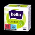 Emballage du produit des tampons "Bella Tampo 8 Super" sur fond noir. La boîte est blanche et verte avec un logo "Bella" violet en haut. L'emballage indique qu'il s'agit d'un produit super absorbant avec 8 tampons à l'intérieur et un symbole « Plastique dans le produit ».