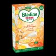 Une boîte de céréales Blédine Extra pour les bébés de 6 à 36 mois. L'emballage est vert et blanc avec un logo en forme de cœur. Il présente des images de fruits tropicaux et d'un ours en peluche souriant et présente un bol de céréales. Le texte est en plusieurs langues.