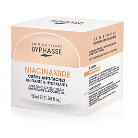 Une boîte de Crème Anti-Taches Byphasse Niacinamide. L'emballage est blanc et pêche, avec un texte en français et en anglais détaillant les ingrédients bénéfiques comme la niacinamide et l'huile d'avocat. La boîte fait 50 ml ou 1,69 fl.oz.