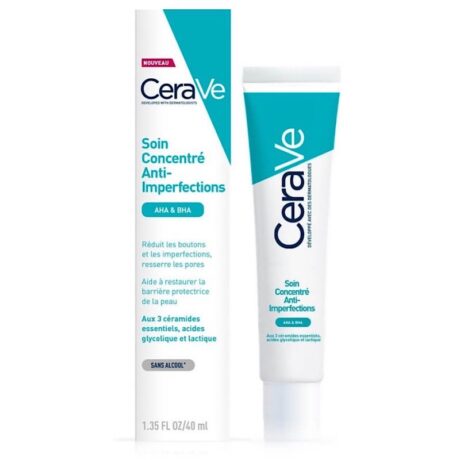 Image de CeraVe Soin Concentré Anti-Imperfections AHA & BHA. L'emballage comprend un tube blanc avec un capuchon et un texte bleu sarcelle, ainsi qu'une boîte blanche correspondante affichant les informations sur le produit. La taille du produit est de 1,35 FL OZ (40 ml). Le texte en français met en valeur ses bienfaits pour la peau.
