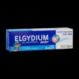 Boîte bleue et blanche de dentifrice Elgydium Junior Bubble pour les enfants de 7 à 12 ans. L'emballage indique une protection contre les caries avec 1400 ppm de Fluorinol et met en scène un personnage joyeux coiffé d'un chapeau. Produit par Pierre Fabre Oral Care.