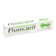 Une boîte tube blanche de dentifrice Fluocaril avec texte vert et noir. La boîte indique qu'elle contient 250 mg de bi-fluorure et qu'elle est conçue pour la prévention des caries. Le texte est en français : « Indication prévention des caries.