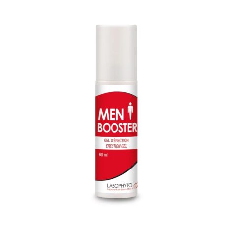 Un flacon cylindrique blanc avec une étiquette rouge et blanche indique « MEN BOOSTER Gel d'Erection Erection Gel 60 ml » avec le nom de marque « LABOPHYTO » dans la partie inférieure. L'étiquette présente une petite icône représentant un homme.