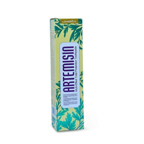 Une boîte rectangulaire de dentifrice Longrich Artemisin Multi-Effect Total Protection. L'emballage est jaune avec des motifs de feuilles vertes et un texte bleu-violet. La boîte est photographiée sur un fond blanc uni.