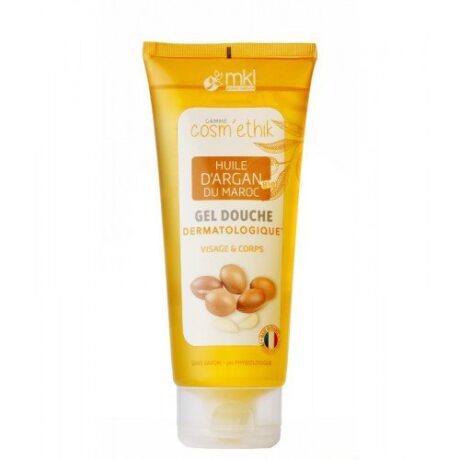 Image du gel douche à l'huile d'argon MKL Cosmetics pour le visage et le corps. Le tube est jaune-orange avec un capuchon blanc. L'étiquette comprend du texte en français et présente des illustrations de noix d'argan, le mettant en valeur comme un produit dermatologique du Maroc.