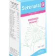 Une boîte de complément alimentaire Serenatal G est illustrée. L'emballage est principalement blanc avec des accents bleu clair et rose. Il est décrit comme un complément de grossesse et contient 30 compresses et 30 gélules. La marque « Laboratoires Inebios » est affichée en bas.