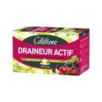 Image d'une boîte étiquetée « Celliflore Draineur Actif ». La boîte contient 20 sachets d'infusion avec des ingrédients comme l'hibiscus, le pissenlit et la reine des prés. L'emballage présente des images de diverses baies rouges et noires sur un fond vert et rose.