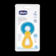 Un anneau de dentition Chicco Fresh Relax, conçu pour les bébés âgés de 4 mois et plus. L'anneau de dentition a un design bleu et jaune et est sans BPA. Le texte de l'emballage comprend plusieurs langues et comporte le logo Chicco en haut.