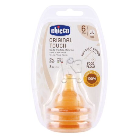 Image d'un produit appelé Chicco Original Touch. Il comporte des tétines de biberon en silicone anti-coliques adaptées aux bébés âgés de 6 mois et plus. L'emballage mentionne deux pièces par paquet, sans BPA, fabriquées en Italie, avec un débit alimentaire et une sensation naturelle.