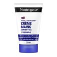 Un tube de 50 ml de crème pour les mains Neutrogena présentant la formule norvégienne. L'étiquette comprend un texte en français, avec "Crème Mains Concentrée L'Originale" et une note sur le soulagement et l'hydratation immédiats des mains très sèches et gercées. La casquette est bleue.