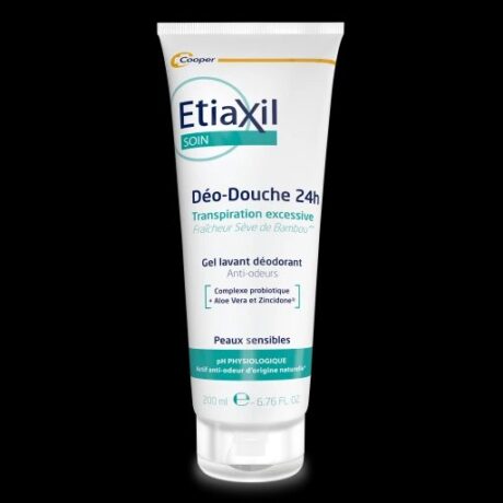 Un tube blanc de gel EtiaXil Soin Déo-Douche 24h. L'emballage présente des accents bleus et verts avec un texte en français annonçant son utilisation comme gel nettoyant déodorant anti-odeur pour les peaux sensibles, offrant un contrôle de la transpiration excessive pendant 24 heures. Le tube contient 200 ml.