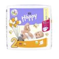 Paquet de couches Bella Baby Happy, taille 2 pour bébés de 3 à 6 kg. L'emballage est principalement blanc avec des accents violets et orange, avec un bébé souriant, des ballons, des papillons et une illustration de chat. Le pack contient 78 couches avec la mention « Big Pack ».