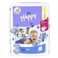 L'image montre un paquet de couches pour bébé Bella Happy, taille 3 (Midi), pour bébés pesant 5 à 9 kg. Le paquet est étiqueté « BIG PACK » et contient 72 couches. Il présente un bébé souriant et le dessin d'un paresseux suspendu à une branche entourée de fleurs.