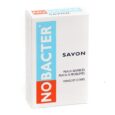 Une boîte de savon blanche avec le nom de marque « Nobacter » bien en évidence en bleu et rouge sur le devant. La boîte comprend également le texte français : « Savon », « Peaux Sensibles », « Peaux à Problèmes » et « Visage et Corps », indiquant qu'elle est destinée aux peaux sensibles et à problèmes du visage et du corps.