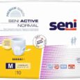 Image montrant un paquet de couches pour adultes Seni Active Normal. L'emballage est blanc avec des accents jaunes et porte le logo Seni. Il indique la taille M (moyen) et comprend 10 pièces de sous-vêtements jetables. Diverses fonctionnalités telles que « Dry Active Protection » et « Breathable » sont répertoriées.