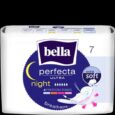 Image d'un paquet de serviettes hygiéniques Bella Perfecta Ultra. L'emballage est principalement blanc avec des accents violets. Il est conçu pour une utilisation nocturne et prétend être extra doux avec 4 zones de liberté et un matériau respirant. Le pack contient 7 tampons.