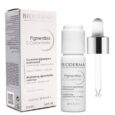 Une photo du produit présentant le concentré C Bioderma Pigmentbio. L'image montre un flacon de 15 ml de correcteur de pigmentation éclaircissant avec un compte-gouttes et sa boîte. L'emballage met en avant son utilisation contre les taches brunes et les peaux sensibles, contenant de la vitamine C fraîche et des AHA/BHA.