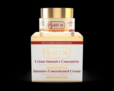 Un pot de Crème Concentrée Intensive HT26 Paris est exposé au-dessus de sa boîte correspondante. Le produit prétend être enrichi en huile de carotte et souligne être fabriqué sous contrôle pharmaceutique. Le pot est blanc avec un couvercle doré et la boîte est principalement blanche et dorée.