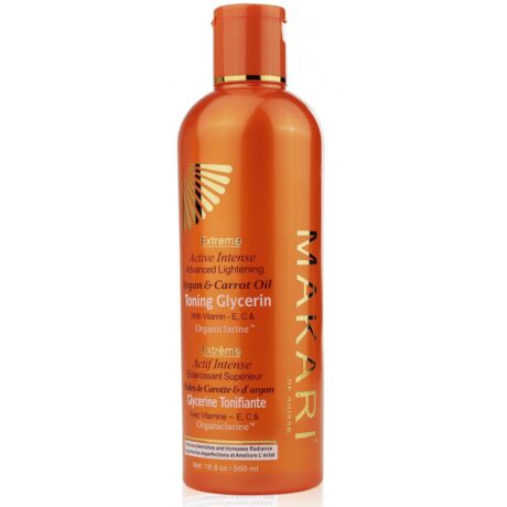 Une bouteille orange de 16,8 fl oz (500 ml) de glycérine tonifiante à l'huile d'argan et de carotte éclaircissante intense intense MAKARI Extreme Active avec des vitamines E, C, A et Organiclarine. La bouteille est dotée d'un bouchon rabattable et d'un texte blanc détaillant les caractéristiques du produit.