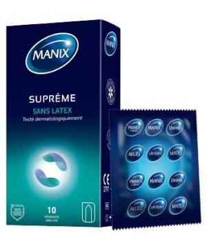 L'image montre une boîte de préservatifs sans latex Manix Suprême. La boîte est principalement bleu foncé, avec le logo Manix en haut. À droite, il y a un paquet individuel de préservatifs, également bleu, affichant le logo Manix et d'autres textes. La boîte indique qu'elle contient 10 préservatifs.