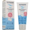 Un tube et une boîte de crème hydratante apaisante Neutraderm Baby sont présentés. L'emballage, principalement blanc et bleu, comporte un sceau blanc illustré. L'étiquette indique qu'il convient à une utilisation sur le visage et le corps dès la naissance, avec 93 % d'ingrédients naturels.