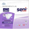 Un paquet de couches pour adultes Super Seni Plus en taille extra large. L'emballage est principalement blanc et violet avec un texte indiquant des caractéristiques telles que « respirant » et « sans latex ». Il contient 10 couches et mentionne « Qualité Premium » et « Je viens d'Europe ».