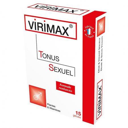 L'image montre une boîte de complément alimentaire Virimax Tonus Sexuel. L'emballage est blanc avec des accents rouges et comporte un symbole de genre masculin. Il contient 15 gélules et est étiqueté avec des informations indiquant qu'il est à base de plantes et de vitamines et qu'il est fabriqué en France.