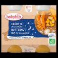 Emballage alimentaire pour bébé Babybio à base de Carotte des Landes, Butternut et Riz de Camargue. L'emballage montre une image de carottes tranchées, de courge musquée et de riz. Il est labellisé pour les bébés âgés de 6 mois et plus et met en avant la certification biologique.