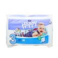 Un paquet de couches Bella Happy en taille 3 (midi, 5-9 kg) est présenté. L'emballage présente un bébé souriant dans une tenue en denim bleu, avec un fond doux de motifs colorés. Le paquet contient 32 couches et met en avant un système de confort à 360° et des fonctionnalités respectueuses de l'environnement.