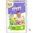 Un paquet de couches Bella Baby Happy représentant un bébé heureux assis devant une illustration de maison colorée. L'étiquette indique qu'il s'agit d'un Big Pack de 66 couches, taille 4 (Maxi, 8-18 kg). Le package met en avant le « 360 Comfort System » et diverses certifications.