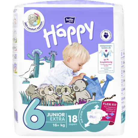 Un paquet de couches Bella Baby Happy Junior Extra, taille 6, pour les bébés pesant 16+ kg. Le pack comprend un petit garçon vêtu d'une chemise rayée qui arrose des plantes, ainsi que des animaux illustrés ludiques. Le pack contient 18 couches et met en valeur son ajustement flexible et sa technologie de circulation d'air.