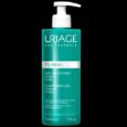 Un flacon turquoise de Gel Nettoyant Hyseac d'Uriage Eau Thermale doté d'un distributeur à pompe blanc. L'étiquette est en français et en anglais, indiquant qu'il nettoie et purifie, adapté aux peaux grasses à imperfections. La bouteille contient 500 ml ou 17 fl. onces.