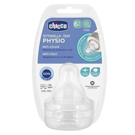 Image d'un emballage de tétine anti-colique Chicco Physio. Le pack contient deux tétines en silicone conçues pour les bébés âgés de 6 mois et plus. L'emballage met en évidence des caractéristiques telles que la conception anti-coliques, testé cliniquement, en silicone souple et sans BPA.