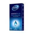 Une boîte bleue de préservatifs Manix Contact Plus Intact Sensations est présentée. Le packaging met en avant « Fin & Extra Lubrifié » et affiche une icône en forme de goutte d'eau. La boîte contient six préservatifs en latex et divers symboles de certification du produit sont visibles sur le côté.