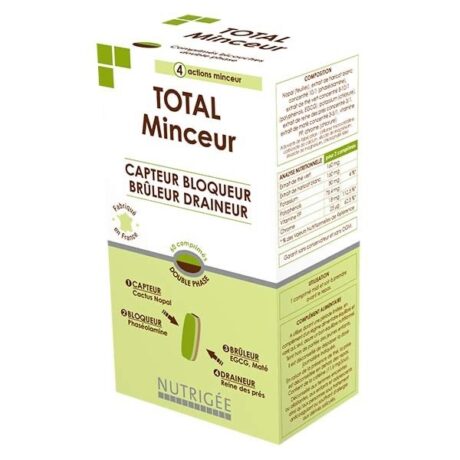 Une boîte de TOTAL Minceur de Nutrigee comprenant 4 actions de perte de poids : capturer, bloquer, brûler et drainer. La face avant affiche les avantages du produit et le côté gauche répertorie les ingrédients, notamment Cactinea, EGCG et Meadowsweet Root.