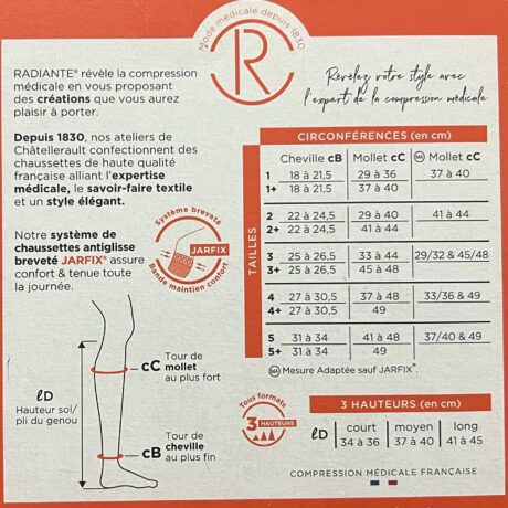 Un tableau informatif sur les bas de compression médicaux RADIANTE. Il détaille les mesures de circonférence et de longueur de jambe en centimètres, les tailles et hauteurs correspondantes (court, moyen, x-haut), avec des schémas montrant les points de mesure sur la jambe.