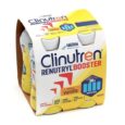 Un pack de quatre boissons nutritionnelles Clinutren Renuyryl Booster de Nestlé Health Science. L'emballage jaune clair et blanc indique la saveur vanille, 600 calories par bouteille, 30 grammes de protéines, sans lactose, et contient quatre bouteilles de 300 ml.