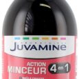 Un flacon de complément alimentaire Juvamine Action Minceur 4 en 1. Le récipient est grand, sombre, avec un capuchon rose. L'étiquette détaille ses avantages tels que la combustion des graisses, le drainage, la détoxification et le contrôle du poids. Il mentionne également un plan d'utilisation de 20 jours.