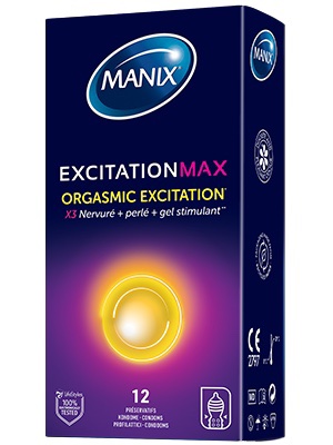 L'image montre une boîte de préservatifs Manix Excitation Max. La boîte présente des couleurs bleues et violettes avec le nom du produit en texte blanc. Il fait la publicité de « l'excitation orgasmique » avec des fonctionnalités supplémentaires telles que des côtes, des points et un gel stimulant. La boîte contient 12 préservatifs.