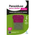 Image d’un emballage Parasidose poux et lentes. Il contient un peigne anti poux et lentes, doté de dents arrondies en acier inoxydable micro-rainurées. L'emballage met en avant "une alternative 100% naturelle" et "l'élimination efficace des poux et des lentes des cheveux". .