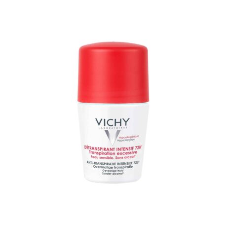 Un flacon de déodorant des Laboratoires Vichy avec un bouchon rouge et un corps blanc. L'étiquette indique : « Vichy Hypoallergénique Détranspirant Intensif 72H Transpiration excessive Peau sensible, Sans alcool Anti-Transpirant Intensität 72H Übermäßige Transpiration Empfindliche Haut, Ohne Alkohol.